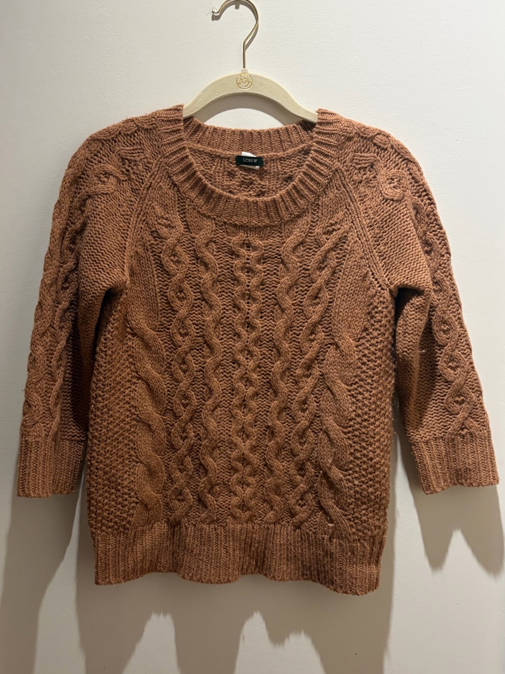 J. Crew Cable-Knit Crewneck Sweater in Camel 3/4 Sleeves